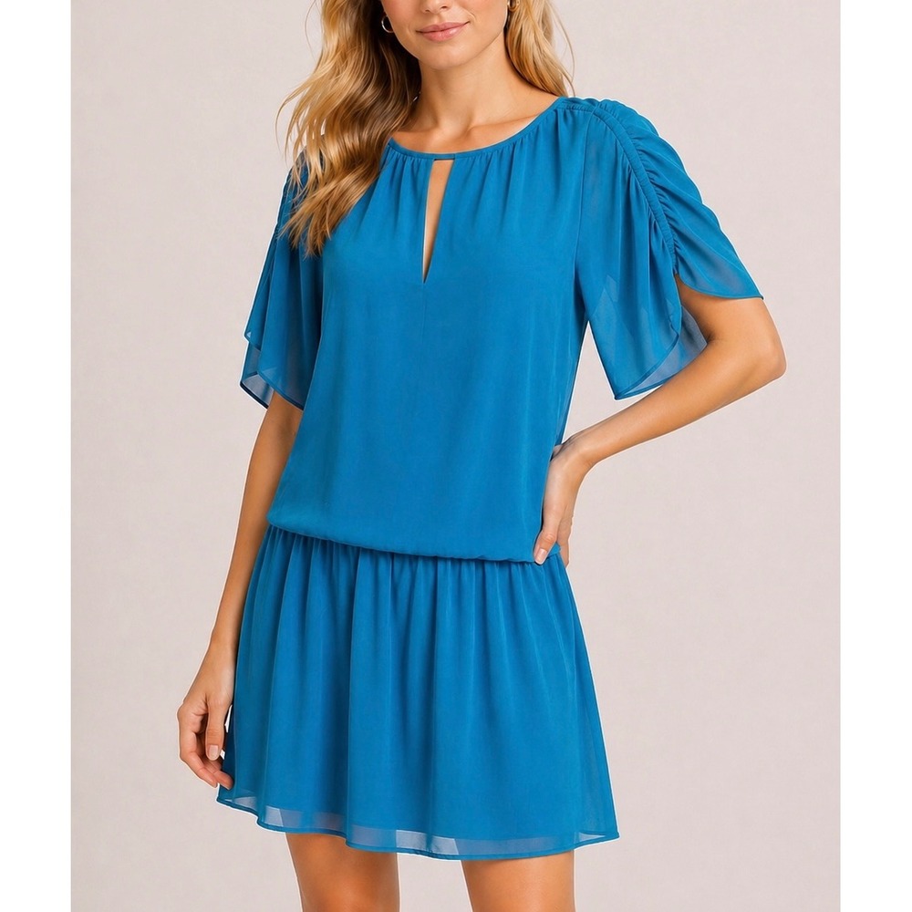 ALICE + OLIVIA Ruched Sleeve Mini Dress Blue Women Size 4 Silk Keyhole Neckline